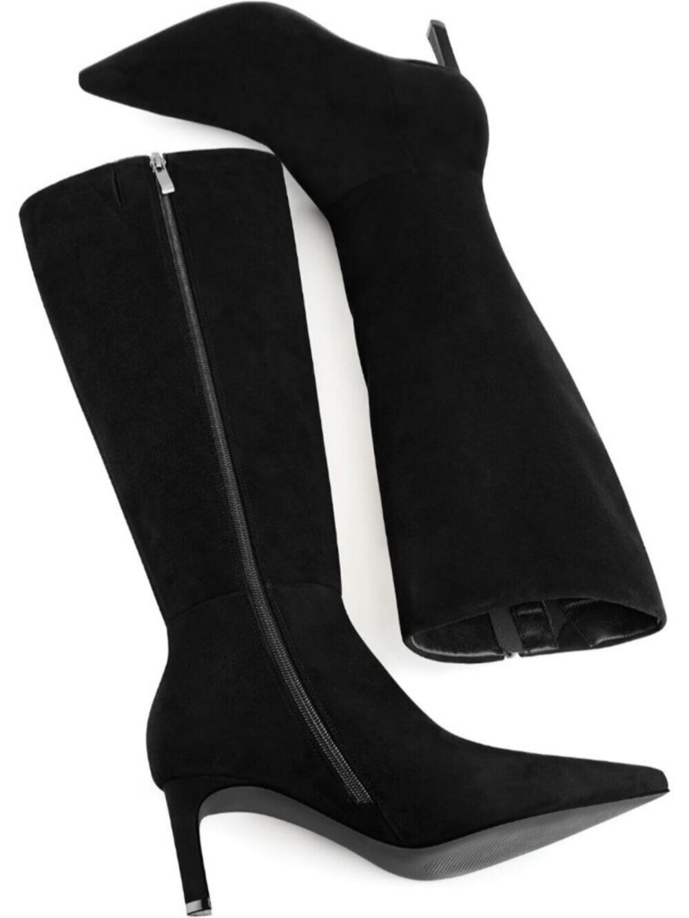 Women's Black Suede Knee High Boots 2.5-Inch Stiletto Heel Boots Pointed Toe - Picture 5 of 6